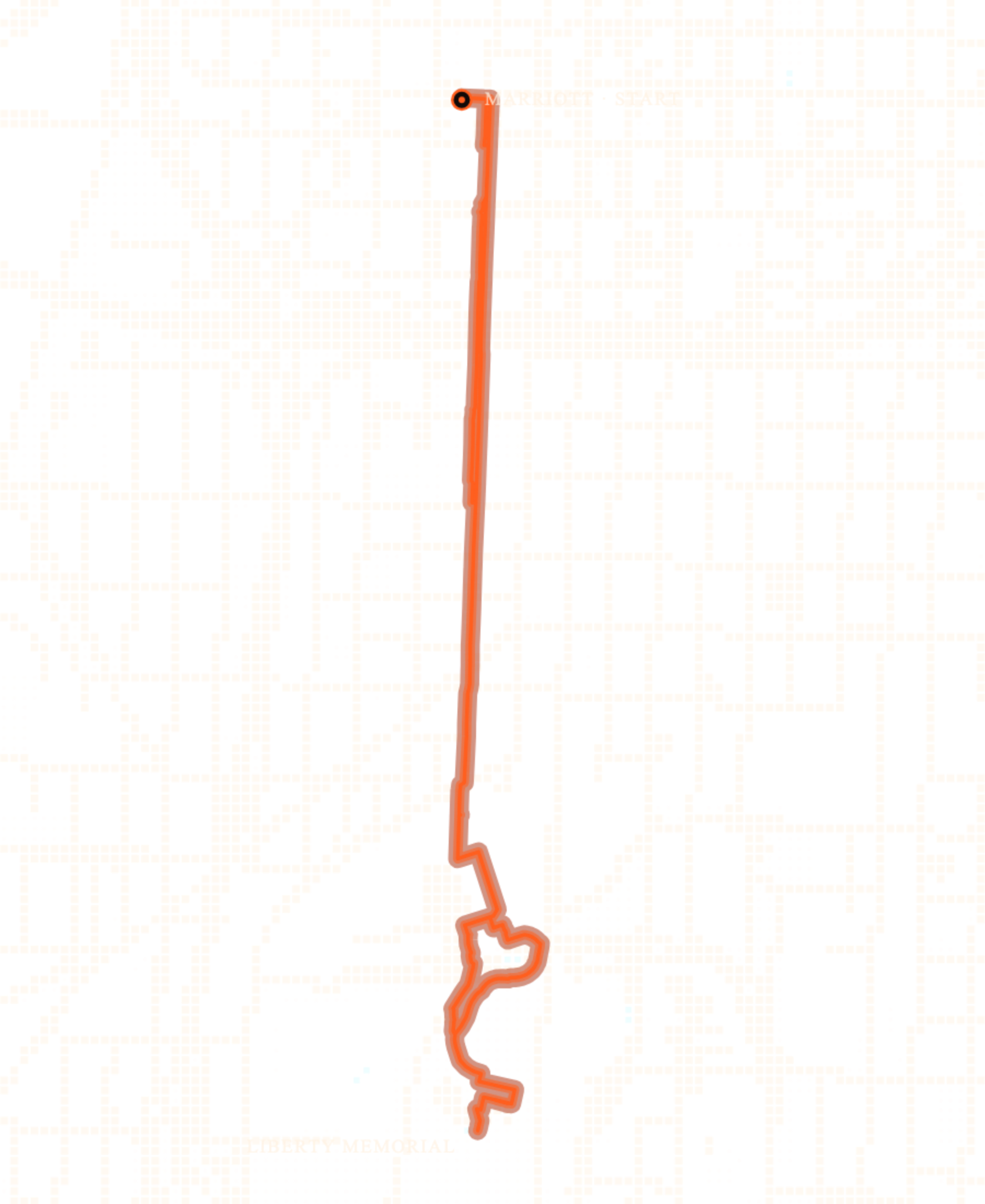 Map of downtown Kansas City with the route traced: from the Marriott down Wyandotte to Union Station, up to the Liberty Memorial, and back.